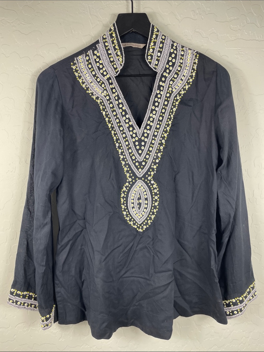 Soft Surroundings Black Tunic with Yellow and White Embroidery